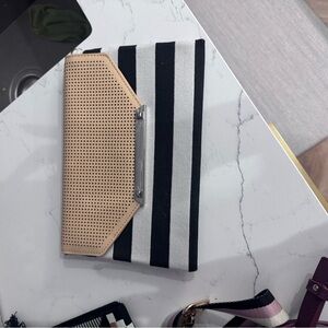 Stella & Dot Black and White Striped Clutch with Tan Flap